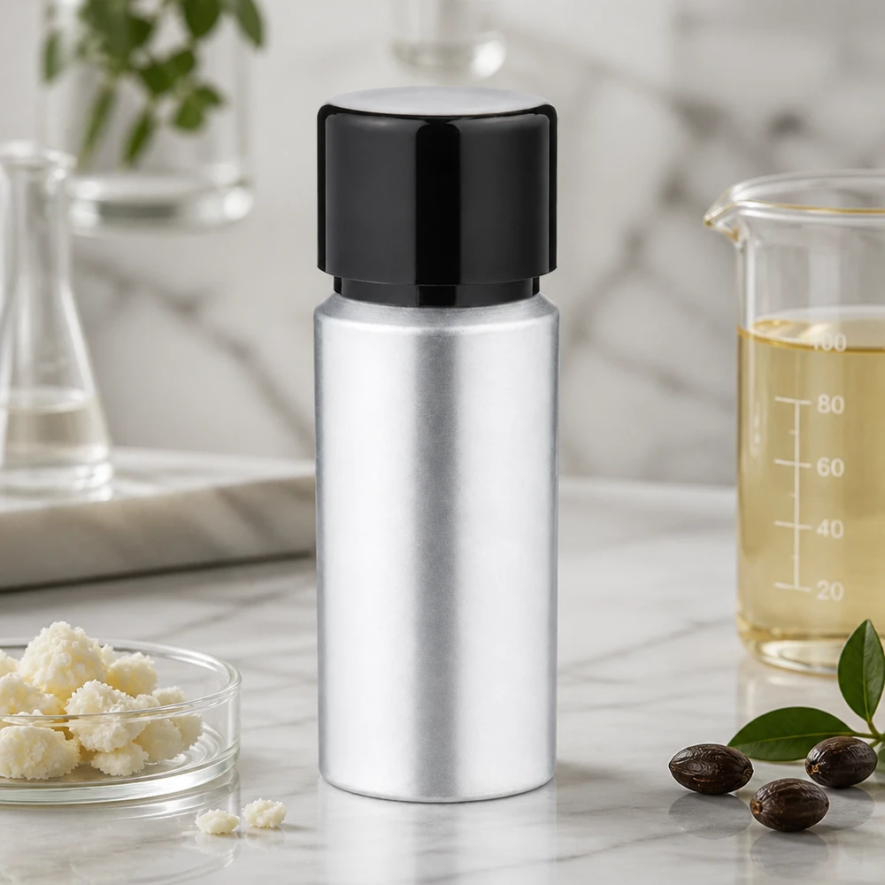 Butelka z barwionego aluminium o pojemności 20 ml z zakrętką Srebrna aluminiowa buteleczka o pojemności 20 ml z czarną zakrętką - idealna do kosmetyków i olejków eterycznych