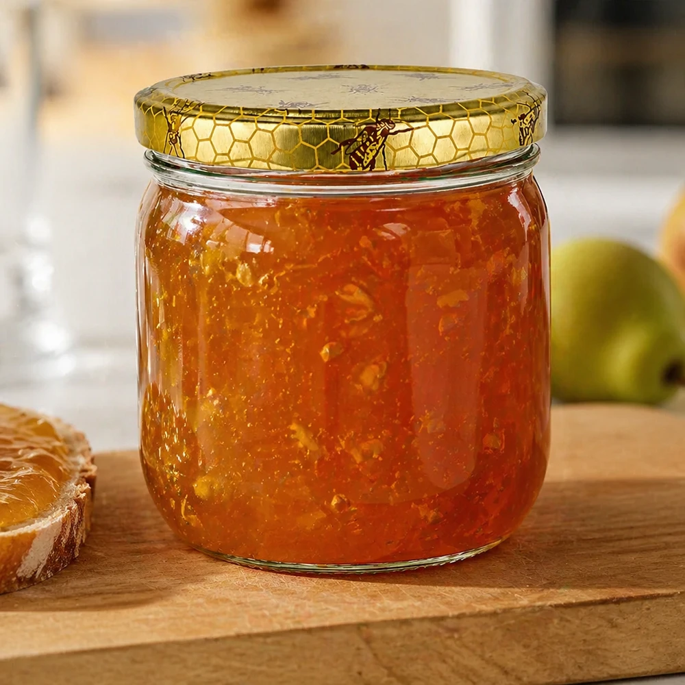 500g Honigglas mit Bienenwabe Deckel BasicSeal UNiTWIST 500 g słoik miodu z pokrywką w kształcie plastra miodu wypełniony złotym dżemem obok chleba i zielonego jabłka na drewnianej desce
