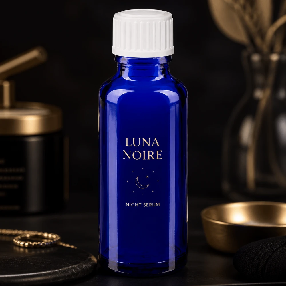 Luna Noire Night Serum w kobaltowo-niebieskiej butelce aptecznej o pojemności 30 ml z białą zakrętką