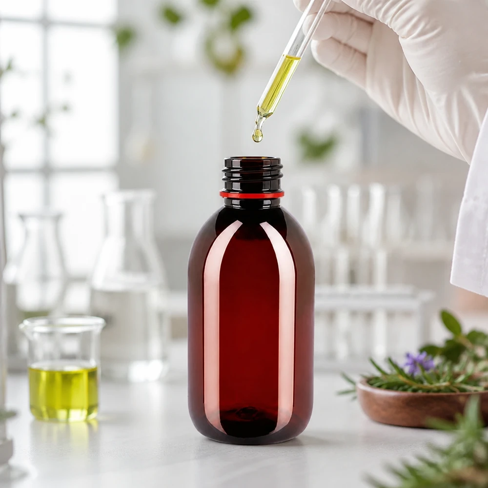 Brązowa butelka PET o pojemności 250 ml z czerwonym zamknięciem zabezpieczającym w laboratorium, z pipetą i ziołami leczniczymi