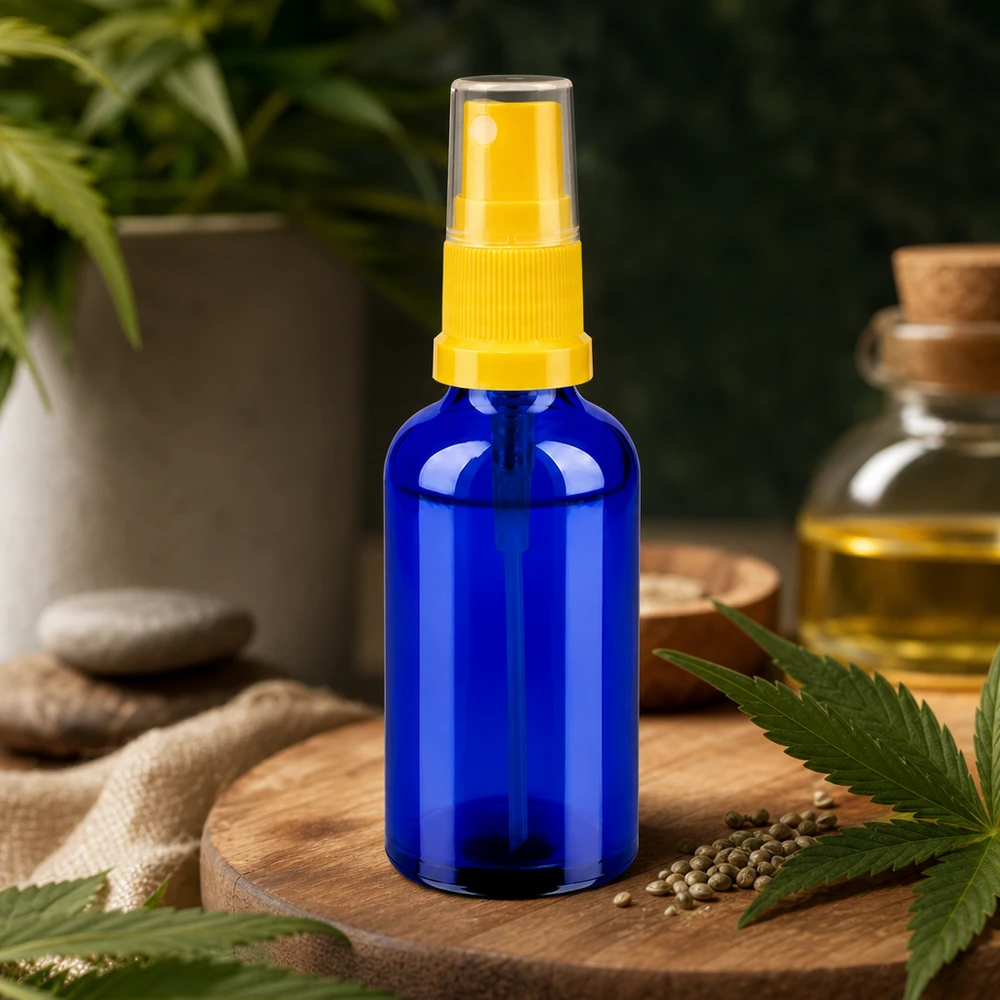 50 ml butelka ze spryskiwaczem żółta/przezroczysta STD BlueLine UT18/50 Wytrzymała butelka z rozpylaczem o pojemności 50 ml wykonana z chroniącego przed promieniowaniem UV szkła kobaltowego z praktycznym atomizerem do kosmetyków naturalnych