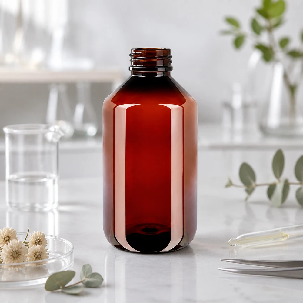 Pusta butelka PET o pojemności 500 ml w kolorze bursztynowym z białym opakowaniem zewnętrznym, z żłobieniami imitującymi marmurową powierzchnię i motywami roślinnymi