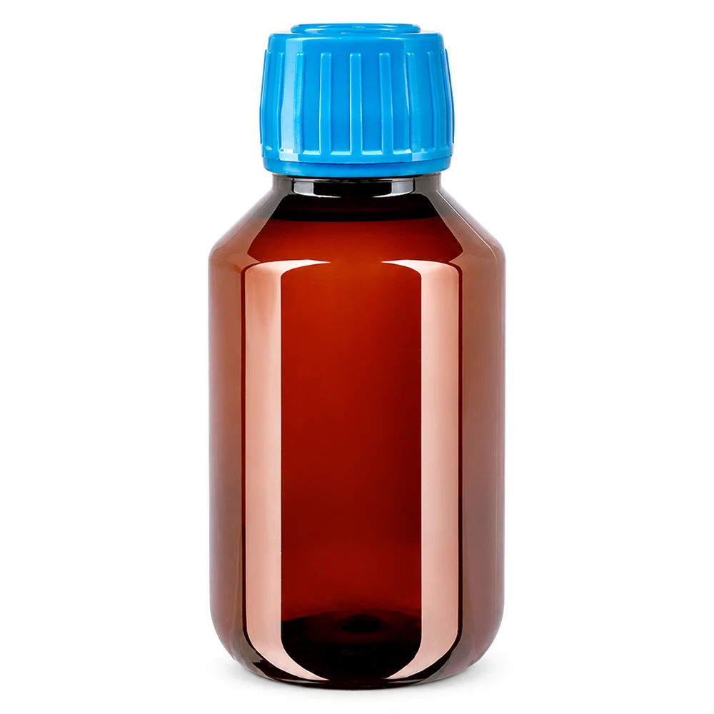 Butelka PET 100ml z niebieską nakrętką OV Brązowa butelka PET o pojemności 100 ml z niebieskim zamknięciem zabezpieczającym, przeznaczona do bezpiecznego przechowywania płynów