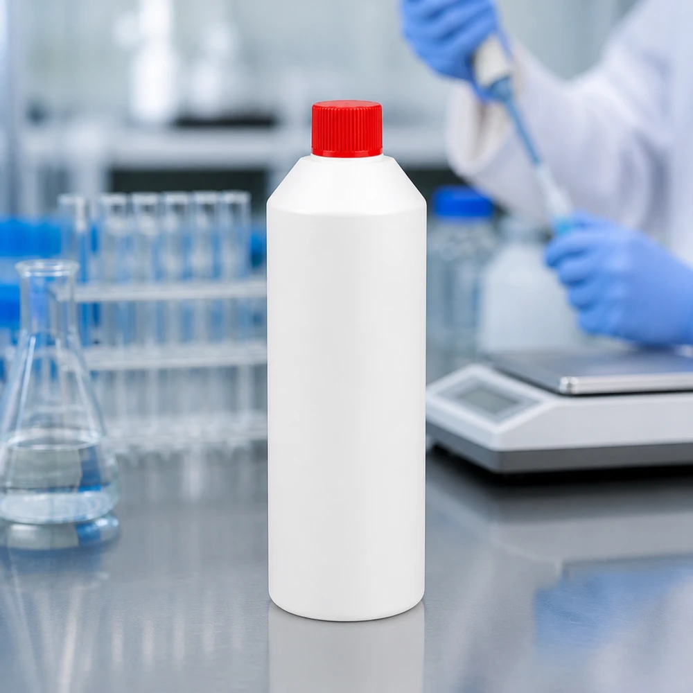 Biała butelka z tworzywa sztucznego o pojemności 250 ml z czerwoną nakrętką na stole ze stali nierdzewnej w laboratorium