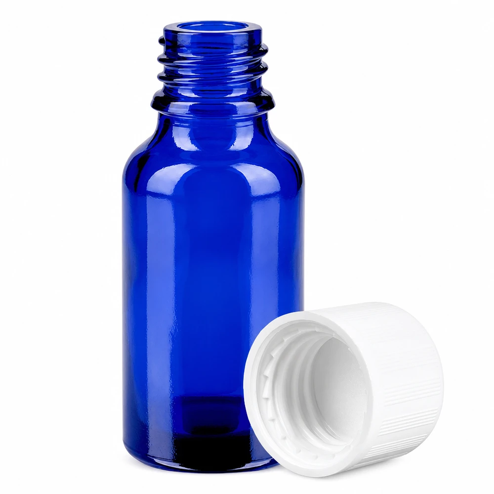 20 ml szklana butelka w kolorze kobaltowego błękitu z gwintem 11 mm i zakrętką zabezpieczającą przed otwarciem przez dzieci.