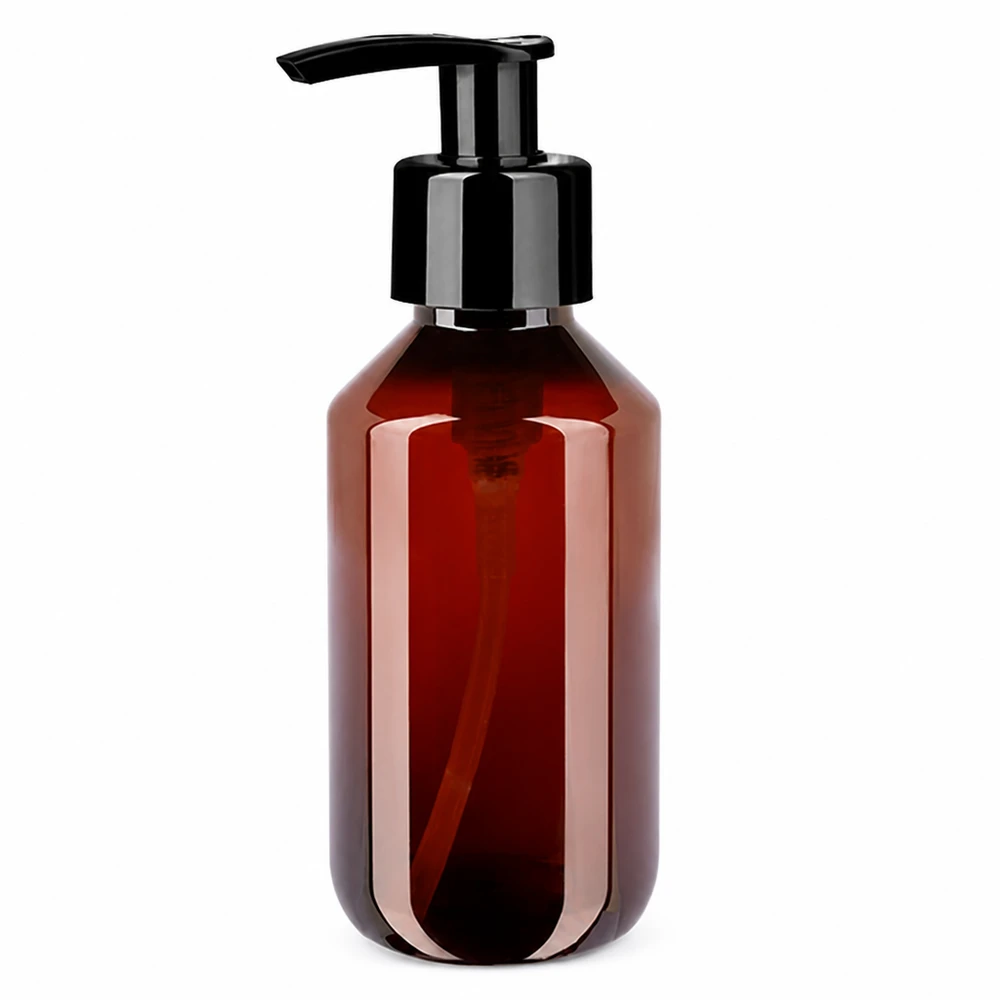 Butelka PET o pojemności 200 ml, w kolorze bursztynowo-brązowym, z czarną pompką dozującą, przeznaczona do kosmetyków i produktów pielęgnacyjnych