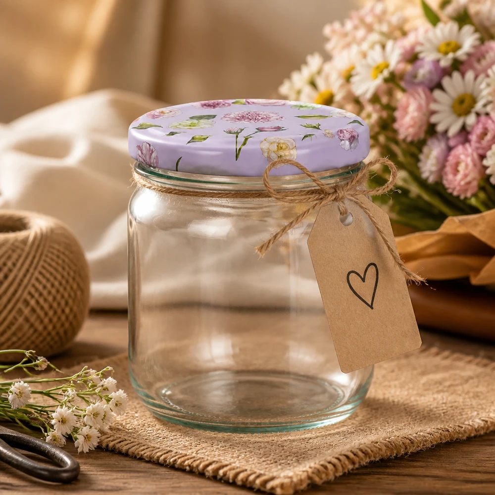425 ml okrągły słoik z pokrywką w różowe kwiaty BasicSeal pusty słoik na przetwory Lifestyle z kwiatami i przywieszką prezentową