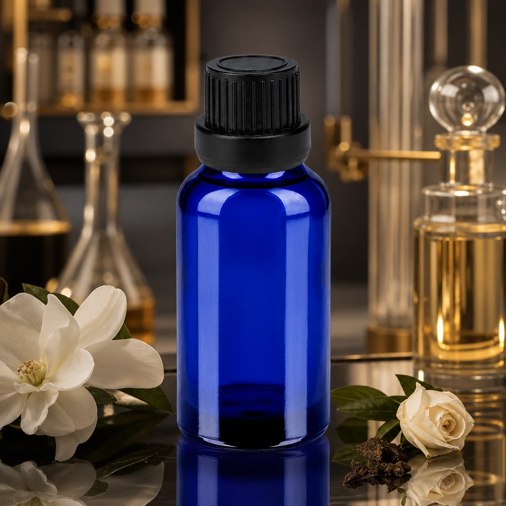 Butelka 20 ml 11 mm SV czarna OV BlueLine UT18/20 Elegancki szklany flakonik o pojemności 20 ml w kolorze kobaltowego błękitu z matową czarną zakrętką na olejki zapachowe