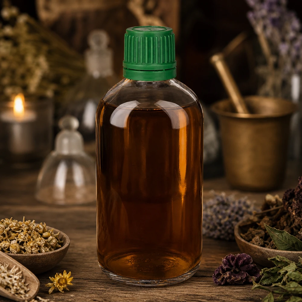 Nalewka ziołowa w przezroczystej szklanej butelce ClearLine UT18 o pojemności 100 ml, z zielonym oryginalnym zamknięciem i ziołową dekoracją