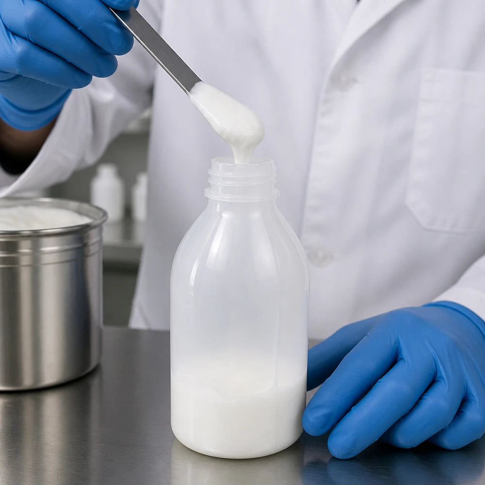 Butelka laboratoryjna 250 ml z wąską szyjką bez zakrętki Laborant w stroju ochronnym napełnia 250 ml butelkę laboratoryjną z wąską szyjką białym kremem za pomocą szpatułki
