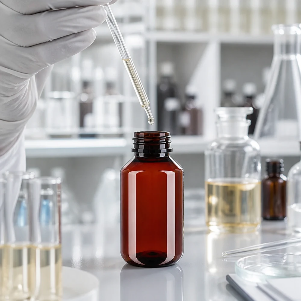 Brązowa butelka PET o pojemności 100 ml z białym opakowaniem zewnętrznym i pipetą w profesjonalnym środowisku laboratoryjnym