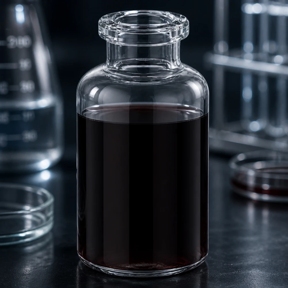 Butelka iniekcyjna z przezroczystego szkła 20 ml Medizinische Klarglas Injektionsflasche 20ml mit dunkelbrauner Substanz in professioneller Laborumgebung