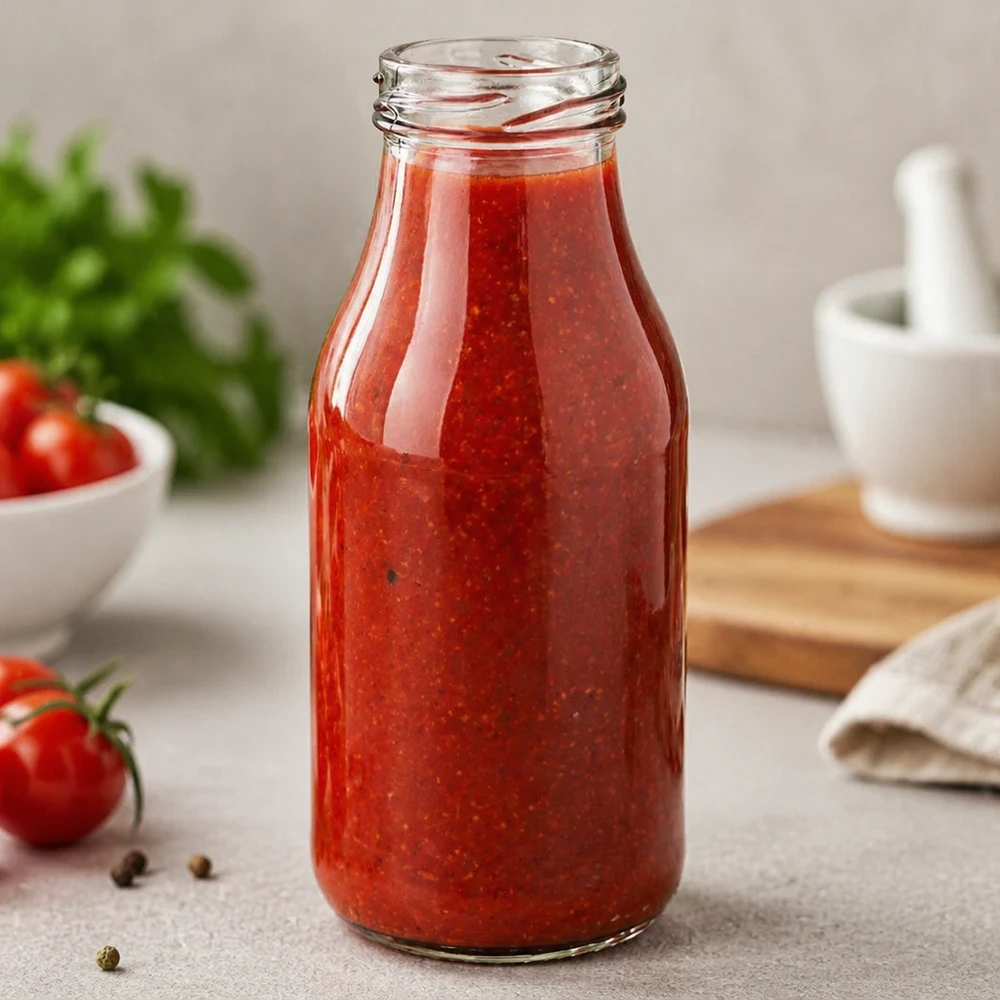UNiTWIST Bottle263 - Butelka o pojemności 263 ml TO43 Elegante UNiTWIST Glasflasche 263ml mit roter Tomatensauce gefüllt in moderner Küche - perfekt für Saucen und Getränke
