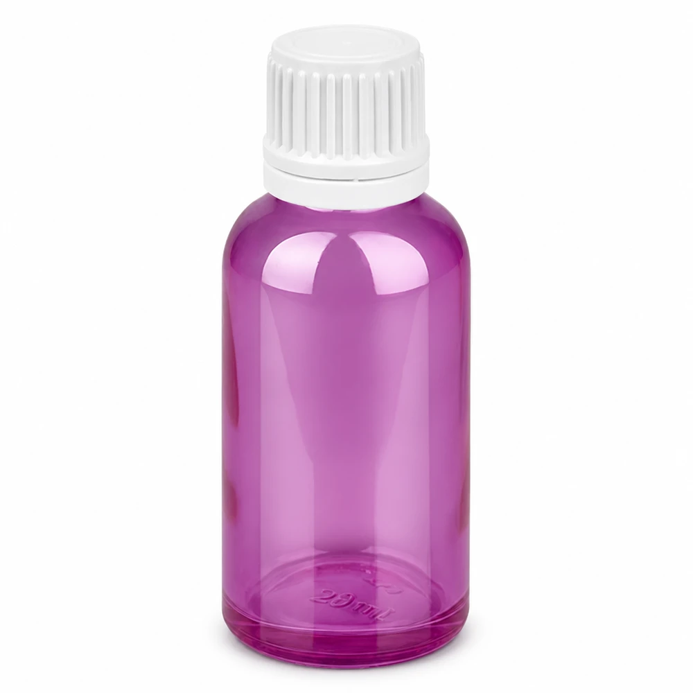 30 ml szklana butelka w kolorze fioletowym z białą zakrętką na olejki eteryczne i kosmetyki