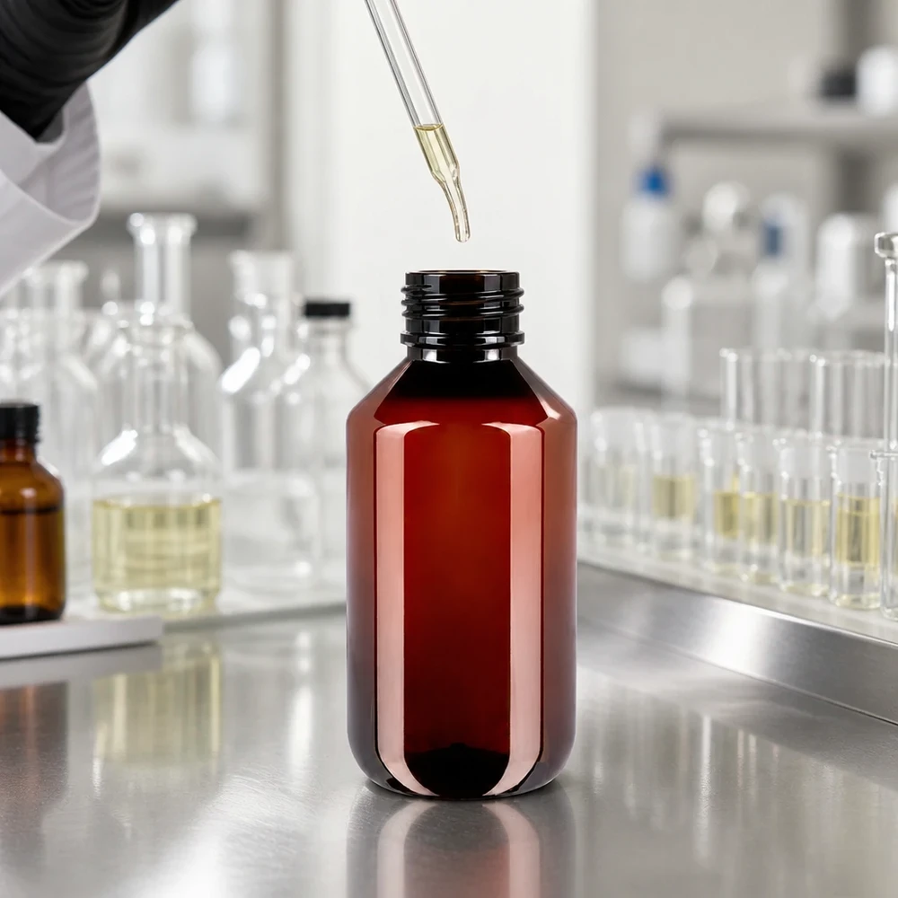 Butelka PET o pojemności 200 ml w kolorze bursztynowym z pipetą podczas napełniania na laboratoryjnym blacie ze stali nierdzewnej
