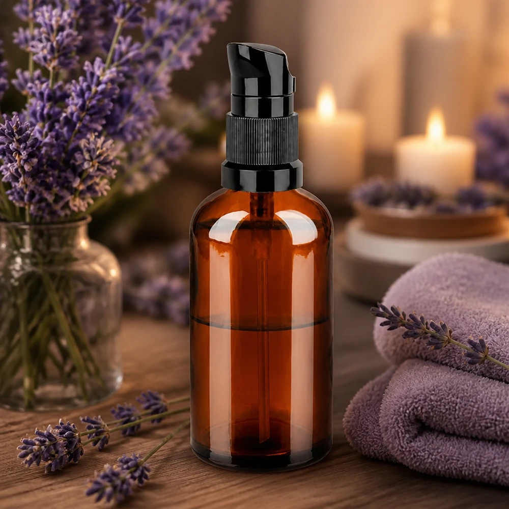 Elegancka butelka z pompką o pojemności 100 ml w kolorze brązowym z matową czarną głowicą pompki do zastosowań w aromaterapii