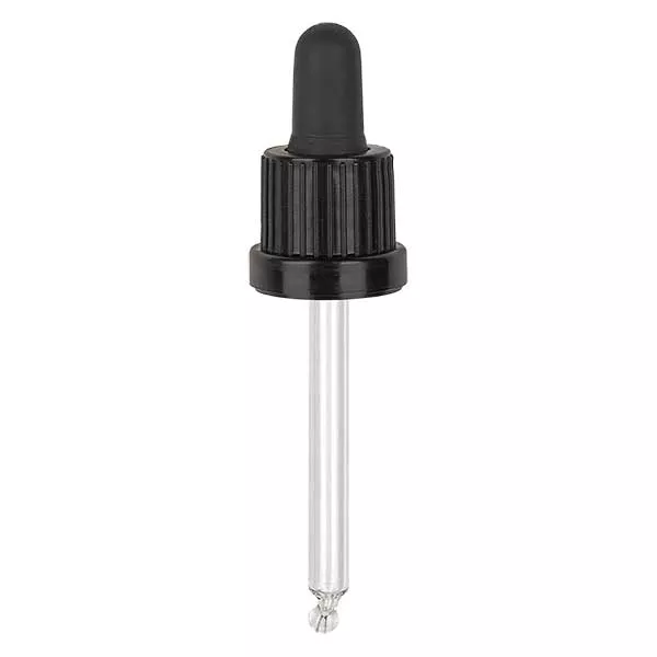 Nasadka do pipet czarna DIN18, długość pipety 63 mm z pierścieniem zabezpieczającym przed manipulacją. Nie przepuszcza alkoholu. Do ApoGlas® 20 ml brązowy, niebieski(++); 20 ml Mironglas(+++) z gwintem 18 mm.