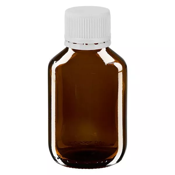 Butelka na lek 100 ml bursztynowa, zakrętka biała z pierścieniem ApoGlas. Farmaceutyczna jakość produkcji UE. Gwint 28 mm (PP28). (syrop, butelka z lekkiego szkła) Butelka na lek 100 ml bursztynowa, zakrętka biała z pierścieniem ApoGlas. Farmaceutyczna jakość produkcji UE. Gwint 28 mm (PP28). (syrop, butelka z lekkiego szkła)