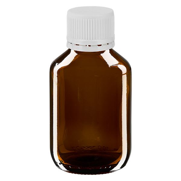 Butelka na lek 100 ml bursztynowa, zakrętka biała z pierścieniem ApoGlas. Farmaceutyczna jakość produkcji UE. Gwint 28 mm (PP28). (syrop, butelka z lekkiego szkła) Butelka na lek 100 ml bursztynowa, zakrętka biała z pierścieniem ApoGlas. Farmaceutyczna jakość produkcji UE. Gwint 28 mm (PP28). (syrop, butelka z lekkiego szkła)