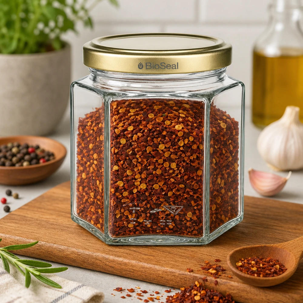 Słoik na miód BioSeal 520 g wypełniony płatkami chili wykazuje wszechstronne zastosowanie do przypraw i przechowywania