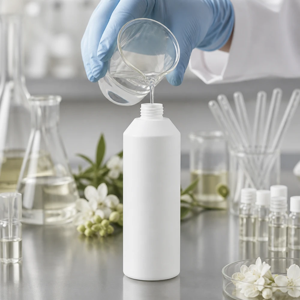 Butelka apteczna HDPE 250 ml biała, bez zakrętki Laborant, mając na rękach rękawiczki ochronne, napełnia białą butelkę apteczną z HDPE o pojemności 250 ml w pomieszczeniu czystym