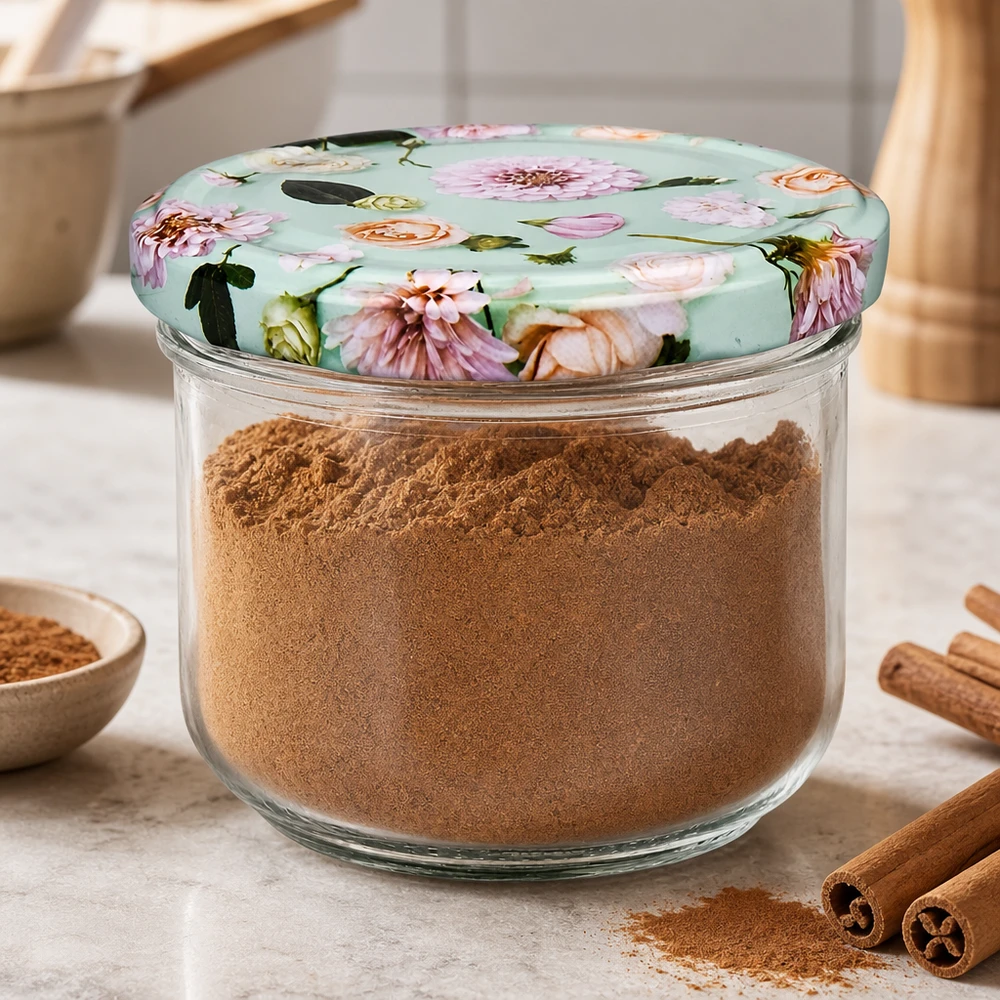 Kubki o pojemności 260 ml z pokrywkami w kształcie kwiatów BasicSeal wypełnione sproszkowaną przyprawą cynamonową, laski cynamonu jako dekoracja na blatach kuchennych
