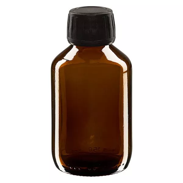 Butelka na lek 150 ml brązowa, zakrętka czarna z pierścieniem ApoGlas. Farmaceutyczna jakość produkcji UE. Gwint 28 mm (PP28). (syrop, butelka z lekkiego szkła) Butelka na lek 150 ml brązowa, zakrętka czarna z pierścieniem ApoGlas. Farmaceutyczna jakość produkcji UE. Gwint 28 mm (PP28). (syrop, butelka z lekkiego szkła)
