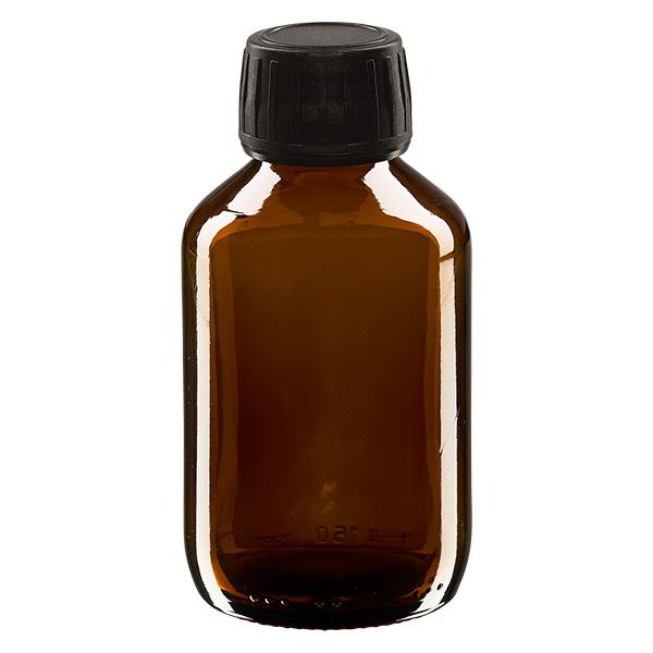 Butelka na lek 150 ml brązowa, zakrętka czarna z pierścieniem ApoGlas. Farmaceutyczna jakość produkcji UE. Gwint 28 mm (PP28). (syrop, butelka z lekkiego szkła) Butelka na lek 150 ml brązowa, zakrętka czarna z pierścieniem ApoGlas. Farmaceutyczna jakość produkcji UE. Gwint 28 mm (PP28). (syrop, butelka z lekkiego szkła)