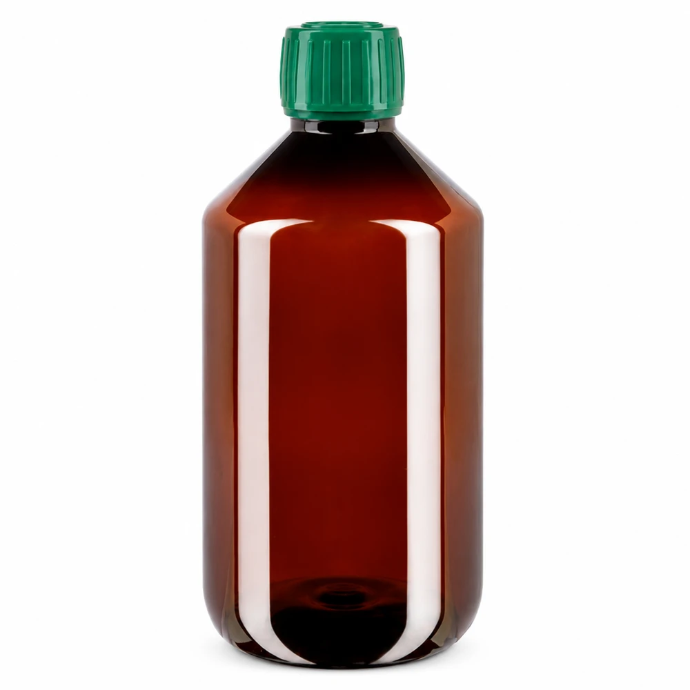 Butelka PET 500ml z zieloną nakrętką OV Brązowa butelka PET o pojemności 500 ml z zieloną oryginalną nakrętką, przeznaczona dla branży farmaceutycznej i kosmetycznej