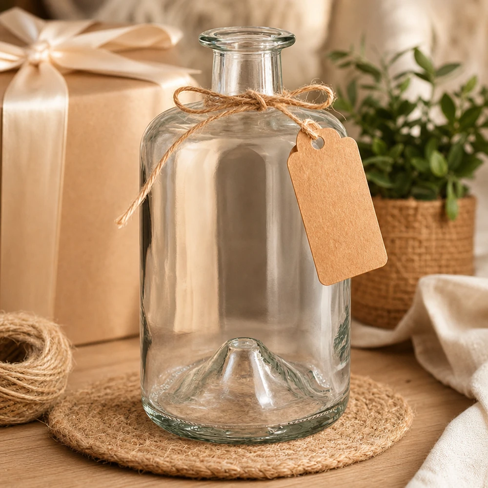 500ml Glasflasche Sofia mit Kraftpapier-Anhänger Geschenkverpackung Dekoration Bastkorb Jute-Untersetzer vintage