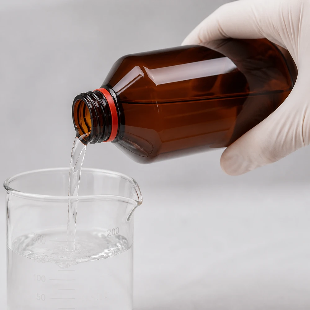 Laborant wlewa przezroczysty roztwór z brązowej butelki PET o pojemności 500 ml z czerwonym zamknięciem do zlewki