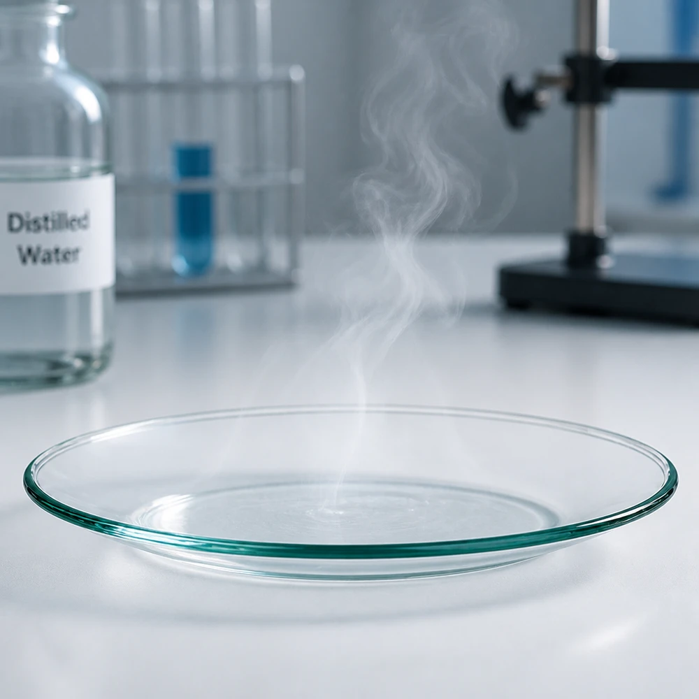 Szklana miska zegara Ø 80 mm Parujące szklane naczynie zegarkowe 80 mm pokazuje proces parowania w profesjonalnym laboratorium chemicznym