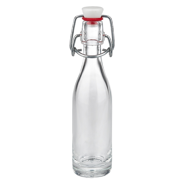 Butelka szklana 50 ml i zamknięcie z uchwytem PVC UNiTWIST Szklana butelka 50 ml z uchylnym wieczkiem PVC UNiTWIST - mała butelka z metalowym klipsem i białym korkiem