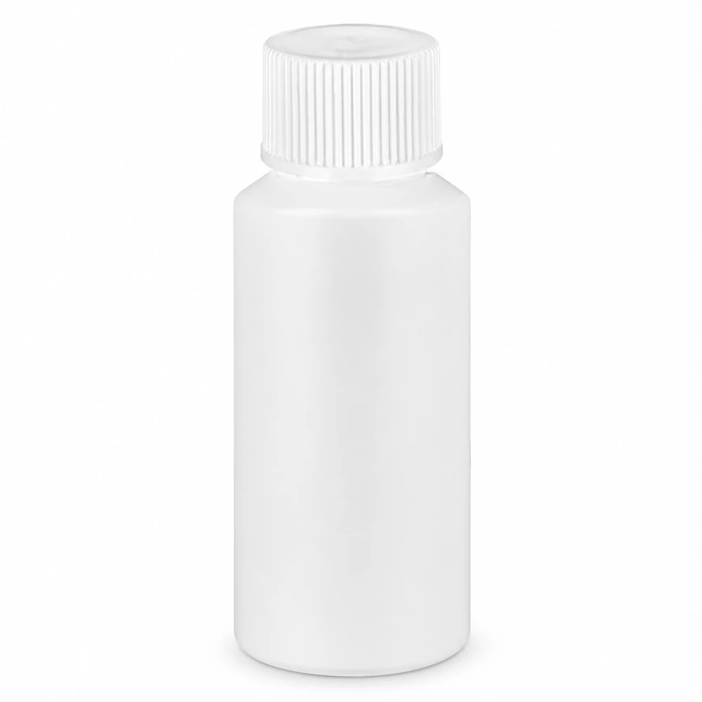 Butelka apteczna HDPE 30ml biała, z białym SV Butelka apteczna z HDPE, 30 ml, biała, z białym zakrętkiem, przeznaczona do zastosowań farmaceutycznych