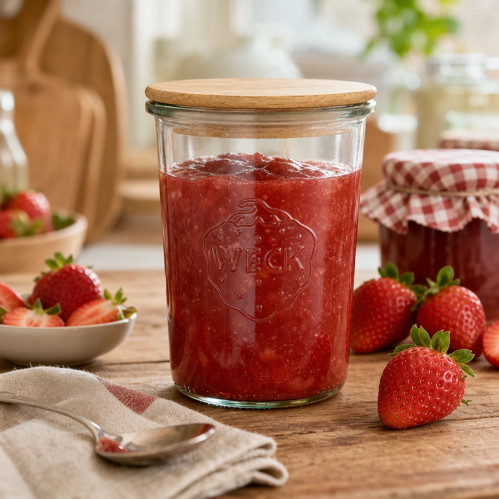 Kubki WECK RR100 o pojemności 850 ml z drewnianą pokrywką WECK słoik na przetwory 850ml wypełniony dżemem truskawkowym drewniana pokrywka scena kuchenna dekoracja świeże truskawki