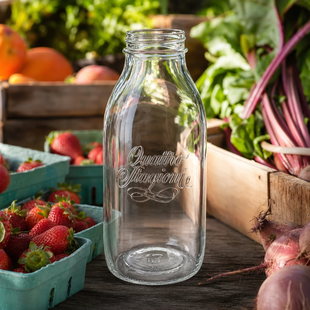 Butelka z szeroką szyjką o pojemności 1000 ml "Quattro Stagioni" Szklana butelka Quattro Stagioni o pojemności 1000 ml na drewnianym stole ze świeżymi truskawkami i warzywami w tle