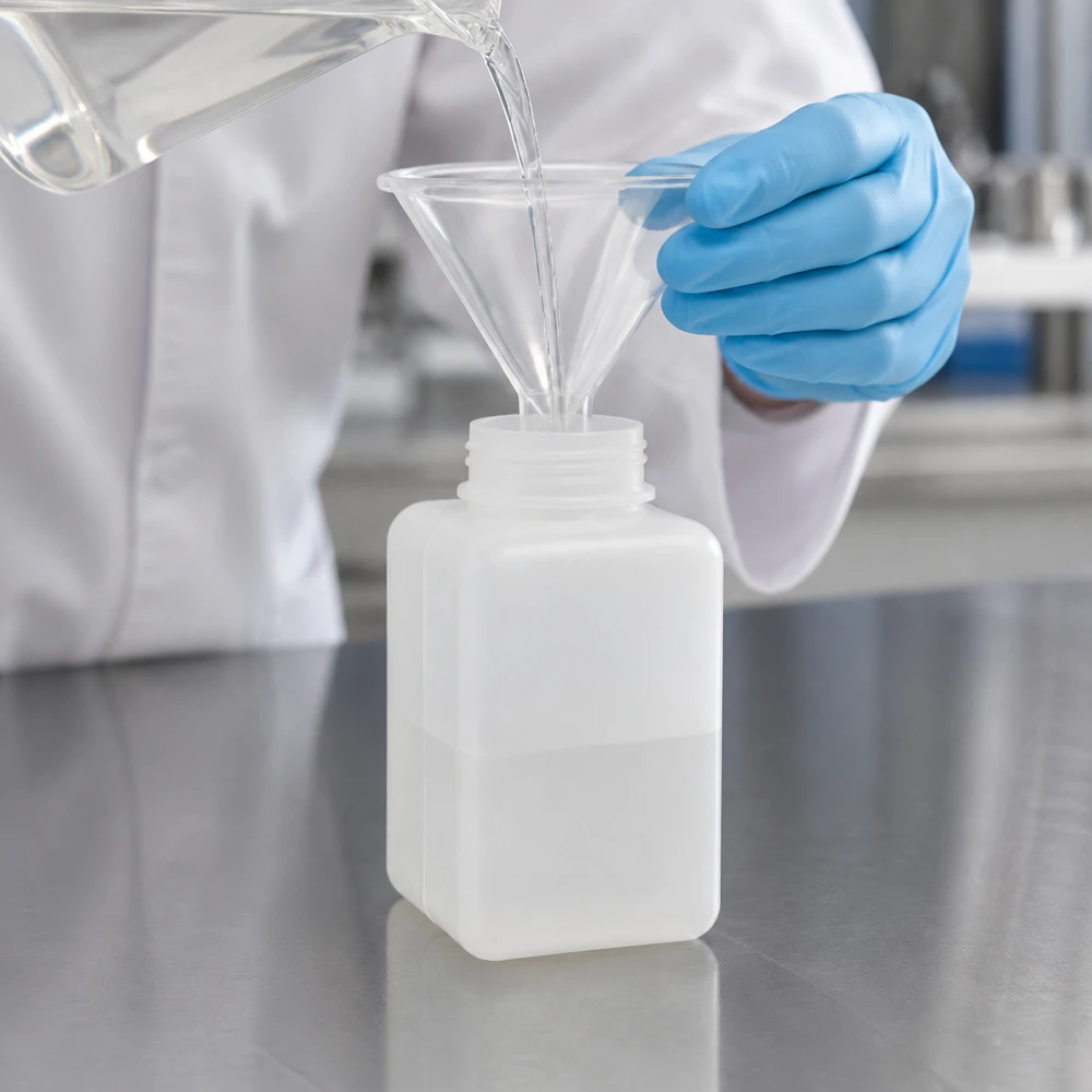 Butelka na chemikalia 1000 ml, szeroka szyjka z PE-HD, kolor naturalny Płyn jest nalewany przez plastikowy lejek do butelki na chemikalia z PE-HD o pojemności 1000 ml, z szeroką szyjką, w kolorze naturalnym