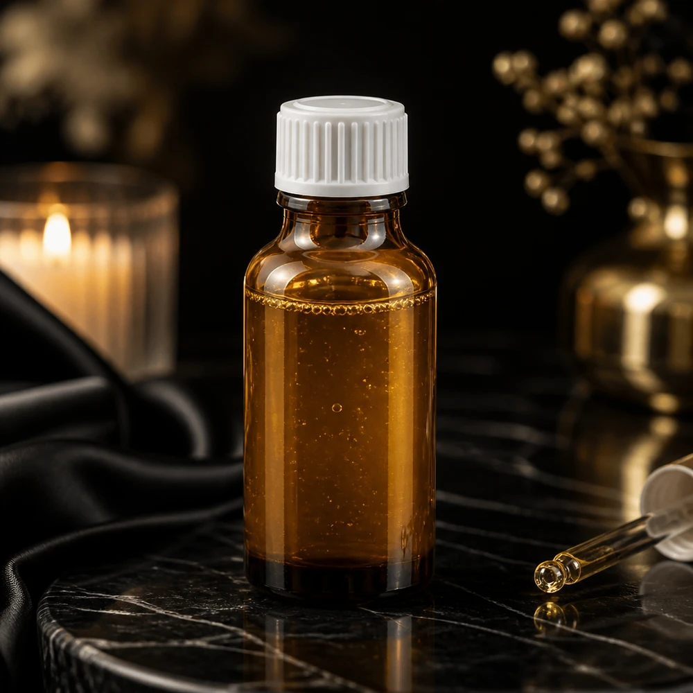 Butelka apteczna brązowa 20ml zakraplacz biały 0,8mm szt. Brązowa szklana buteleczka o pojemności 20 ml z białym zamknięciem zabezpieczającym przed dziećmi na czarnym marmurze