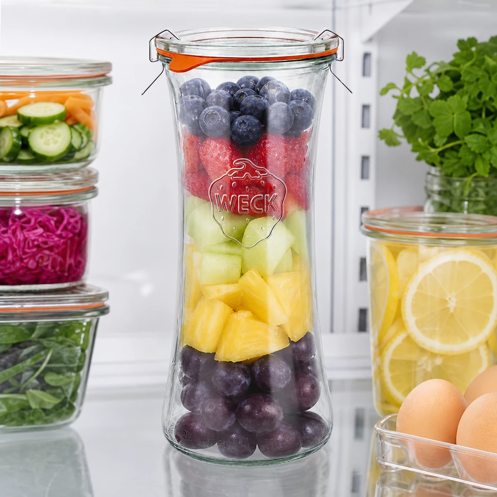 Słoik delikatesowy 700ml kompletny WECK RR80 Słoik delikatesowy WECK 700ml RR80 wypełniony kolorową sałatką owocową, uchylny słoik do przechowywania świeżych owoców