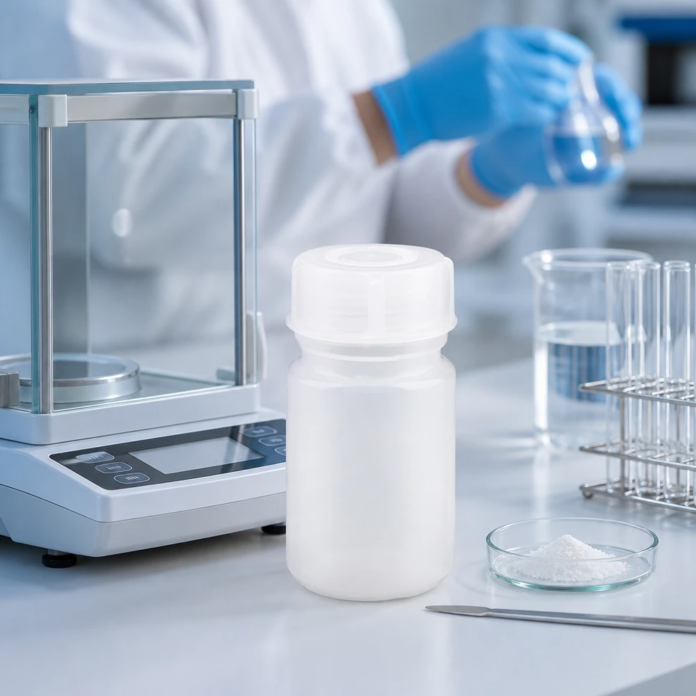 Biała butelka laboratoryjna o szerokiej szyjce o pojemności 50 ml obok wagi analitycznej i szalki Petriego z proszkiem