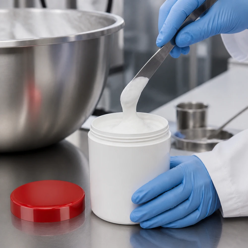 Słoik na maść 100 g, biały, z tworzywa PP, z czerwoną zakrętką, przeznaczony do napełniania preparatów farmaceutycznych
