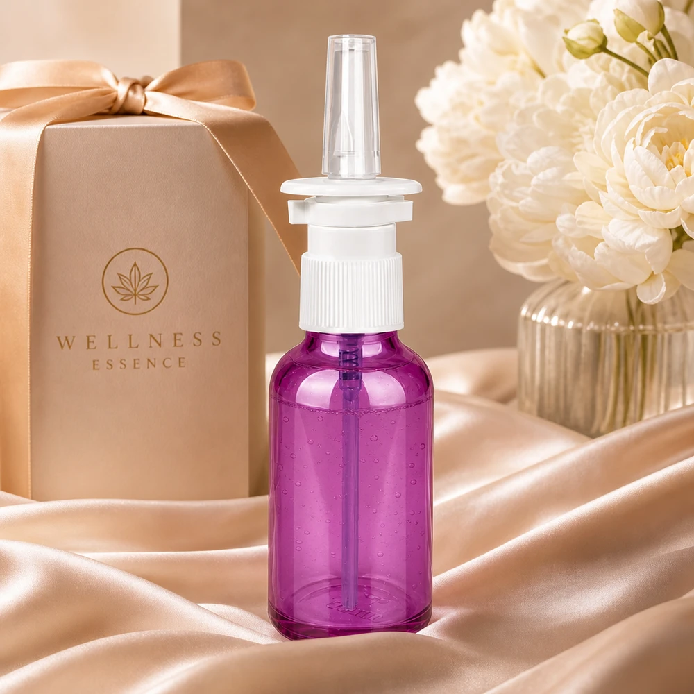Butelka z rozpylaczem do nosa 30ml biała/przezroczysta standard PurpleLine. UT18/30 Wysokiej jakości butelka do aerozolu do nosa o pojemności 30 ml z gwintem UT18/30 w stylowym fioletowym kolorze do profesjonalnego dozowania.