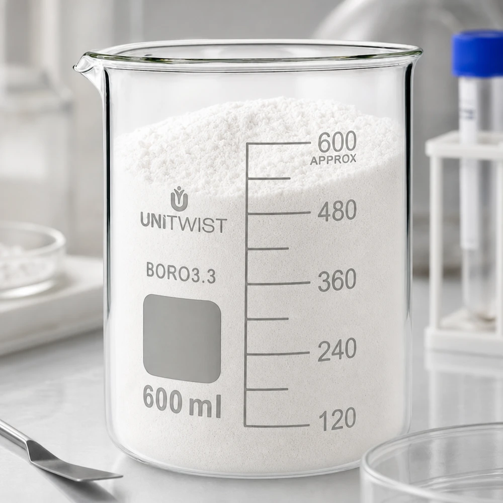 Szklanka UNiTWIST o pojemności 600 ml, wypełniona białym proszkiem powyżej oznaczenia 600 ml, z borokrzemianu, laboratoryjna
