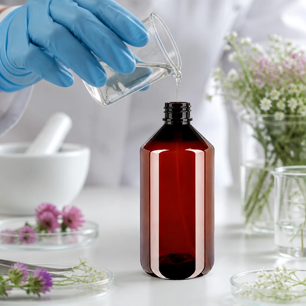 Brązowa butelka z PET z rozpylaczem o pojemności 750 ml z czarnym rozpylaczem w środowisku laboratorium farmaceutycznego