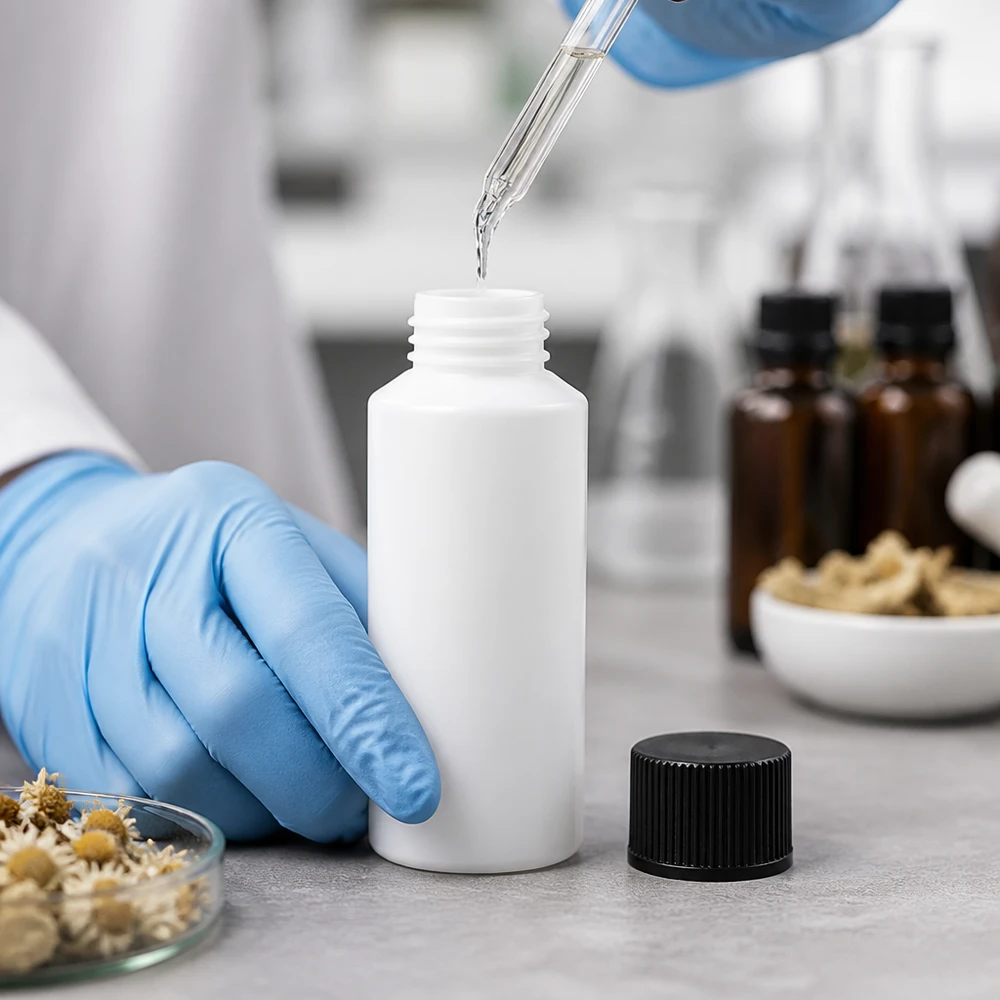 Biała butelka apteczna z HDPE o pojemności 30 ml z czarną zakrętką w laboratorium