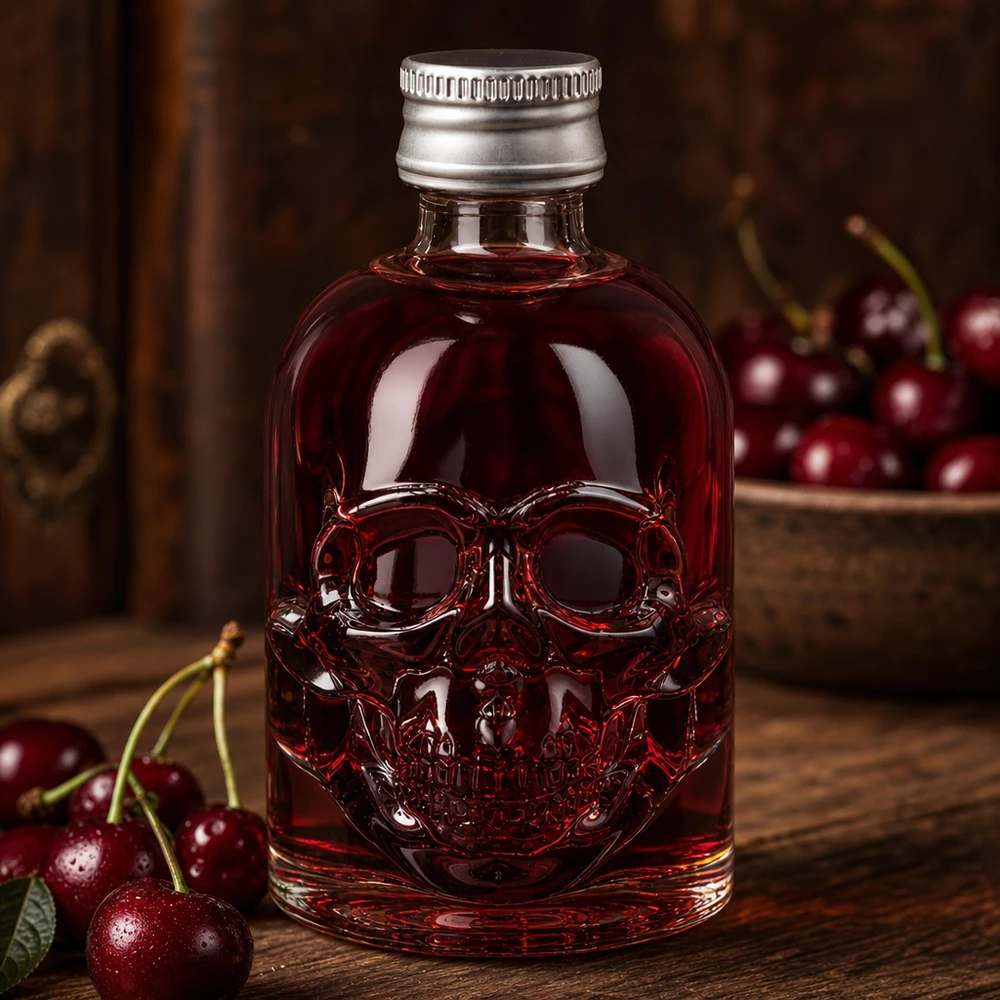 50 ml szklana butelka Hector z czerwonym wiśniowym płynem i srebrną nakrętką pomiędzy świeżymi wiśniami na drewnianym stole