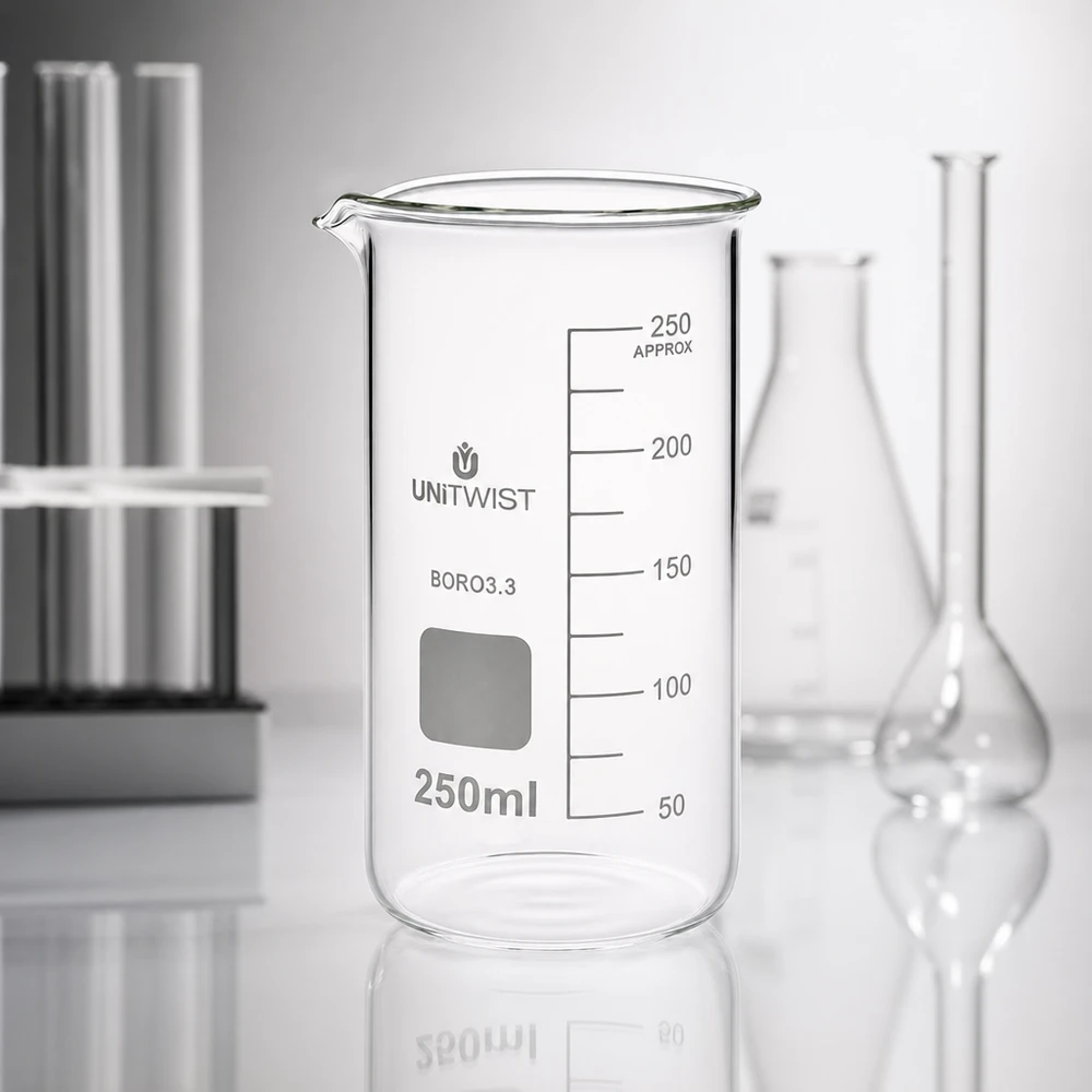 Zlewka 250 ml borokrzemianowa, wysoka UNITWIST Szklanka UNITWIST o pojemności 250 ml, wysoka, z borokrzemianu, z podziałką, obok kolby Erlenmeyera w laboratorium