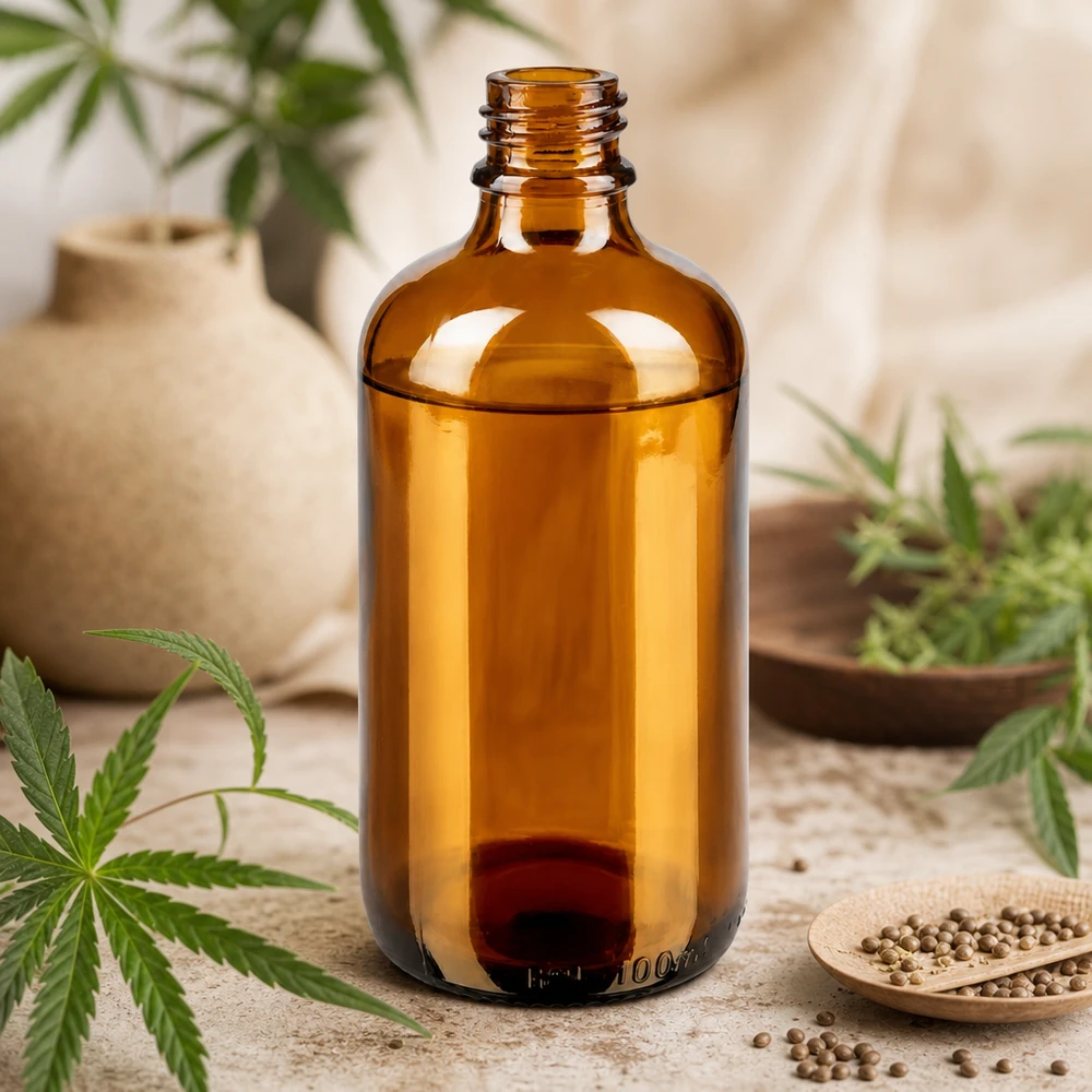 100ml brązowa butelka apteczna ApoGlas 100 ml brązowa butelka aptekarska ApoGlas z roślinami konopi i nasionami kolendry na drewnianym stole