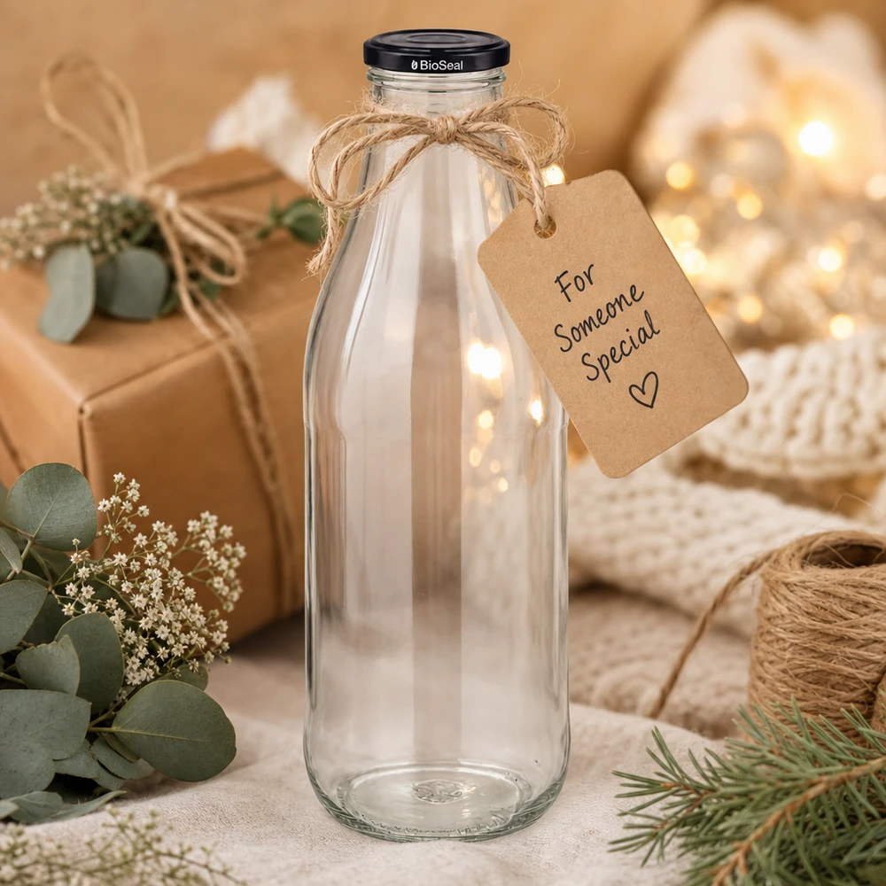 Szklana butelka 1000 ml + pokrywka BioSeal czarna UNiTWIST. Całkowicie szczelna z dużą pokrywką TO48. Do mleka, soków i lemoniady. 1000 ml szklana butelka z czarnym wieczkiem opakowanie prezentowe sznurek jutowy zawieszka dekoracja zrównoważony ekologiczny