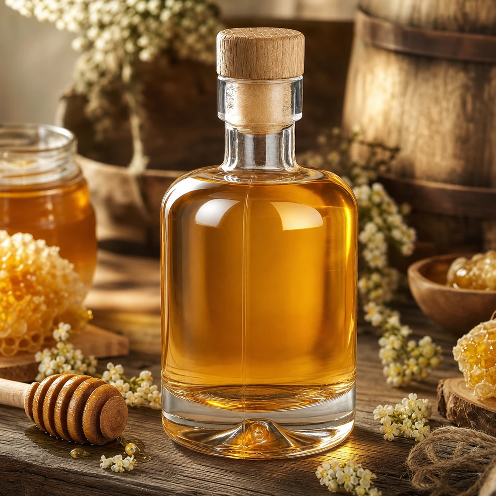 Szklana butelka Amelie o pojemności 50 ml wypełniona miodem, otoczona plastrami miodu i rustykalnymi suszonymi kwiatami.